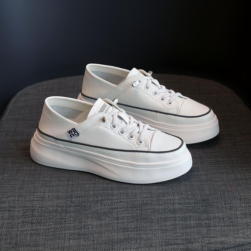 Two Wearing Little White Shoes for Women In Spring 2025, New Soft Leather Inner Height Increase, Shallow Mouth Sports and Leisure Thick-soled Muffin