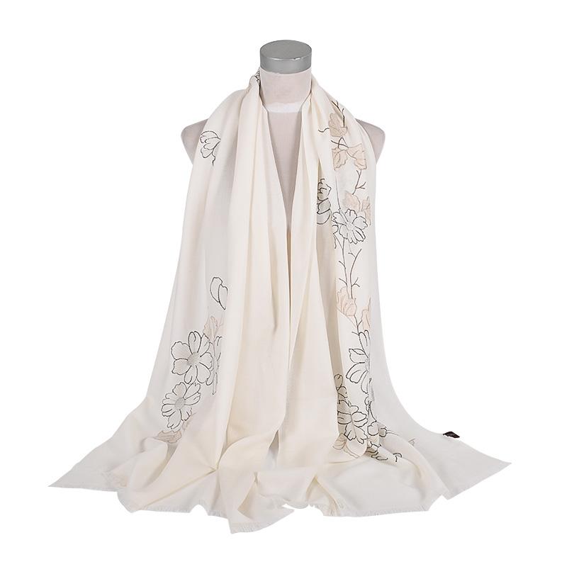 [BYSIFA] New Women 100% Wool Scarves Shawls Embroidered Fall Winter Solid Black White Ladies Long Scarves Hijabs Neck Scarf Wrap