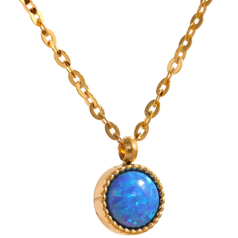 

Yhpup Charm Chic Blue Opal Natural Stone Small Pendant Stainless Steel Gold Color Necklace Waterproof Trendy Jewelry Women New