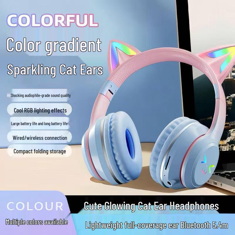 Cat Ear Luminous Foldable Bluetooth Headset with Long Battery Life for Gaming and Sports