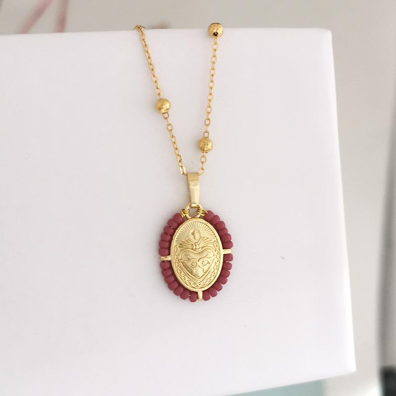 QMHJE Virgin Mary Pendant Charm Necklace Women Cross Scared Heart Jesus Choker Seed Beads Stainless Steel Chain Gold Color Mom