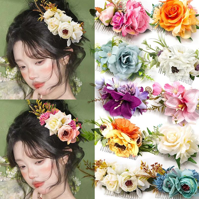 Bohemia Brides Wedding Flower Hair Comb Hairpin Bridesmaid Headdress Hair Combs Hair Accessories For Women Girls Floral Hairpins