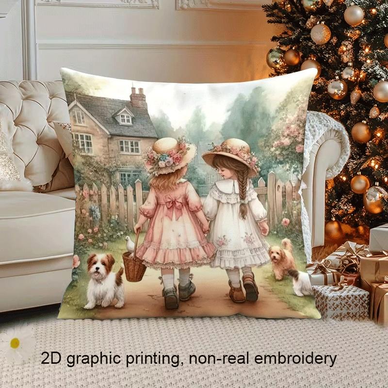 1pc Pillowcase, Cute Little Girl And Her Good Friend Printed Pillowcase, 45Cm X 45Cm, Soft And Smooth Texture Polyester Short Plush Fabric, Single-Sid