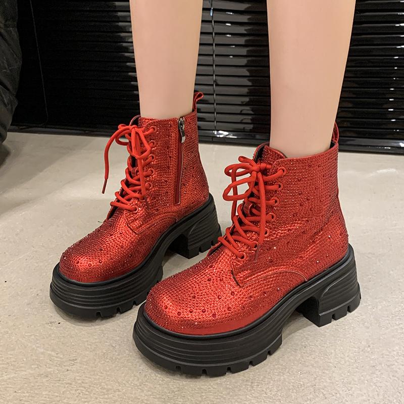 Mode Herbst Neue Plateau Einzelstiefel Damenmode Runde Spitze Strass vorne Schnürung Seitlicher Reißverschluss Bequeme Kurze Stiefel