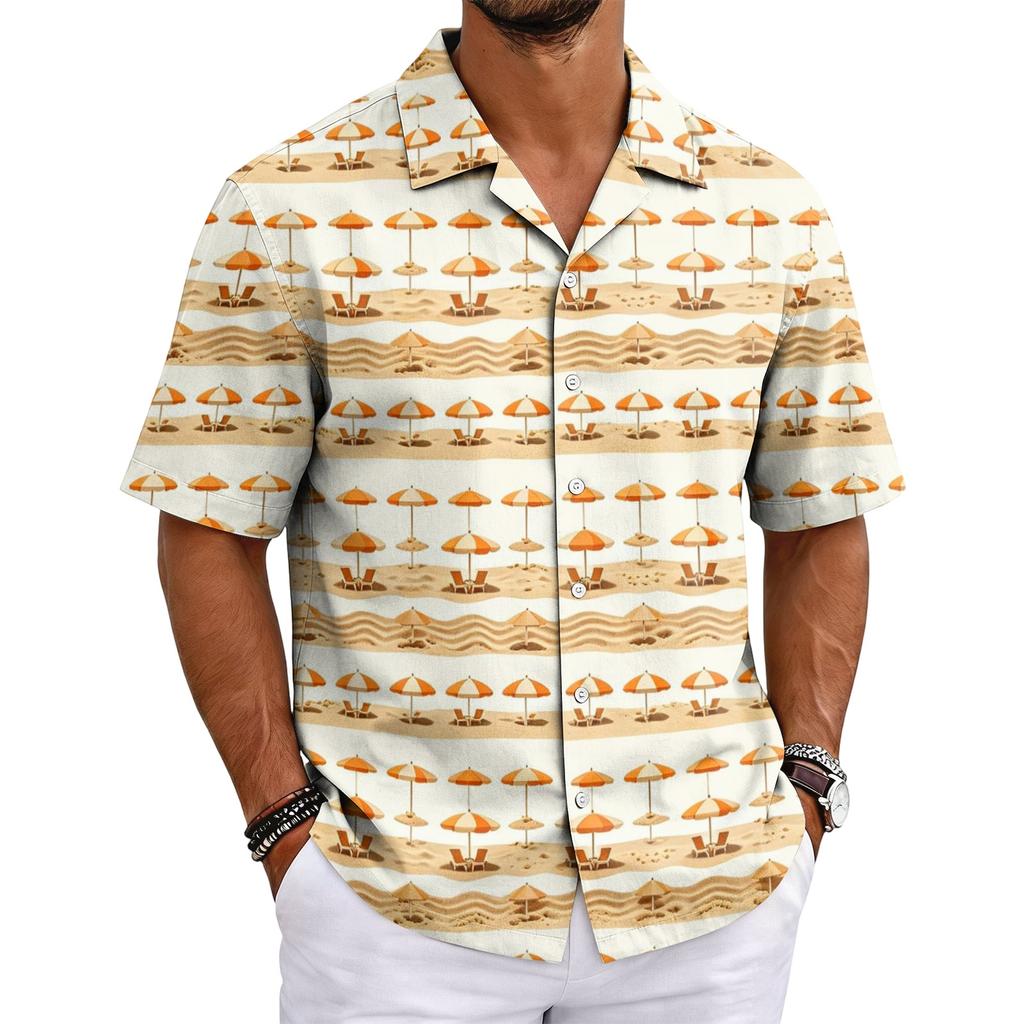 Men's Summer Hawaiian Print Cuban Collar Shirt Short Sleeve Button Down Casual Beach Shirt Lightweight Breathable Fabric