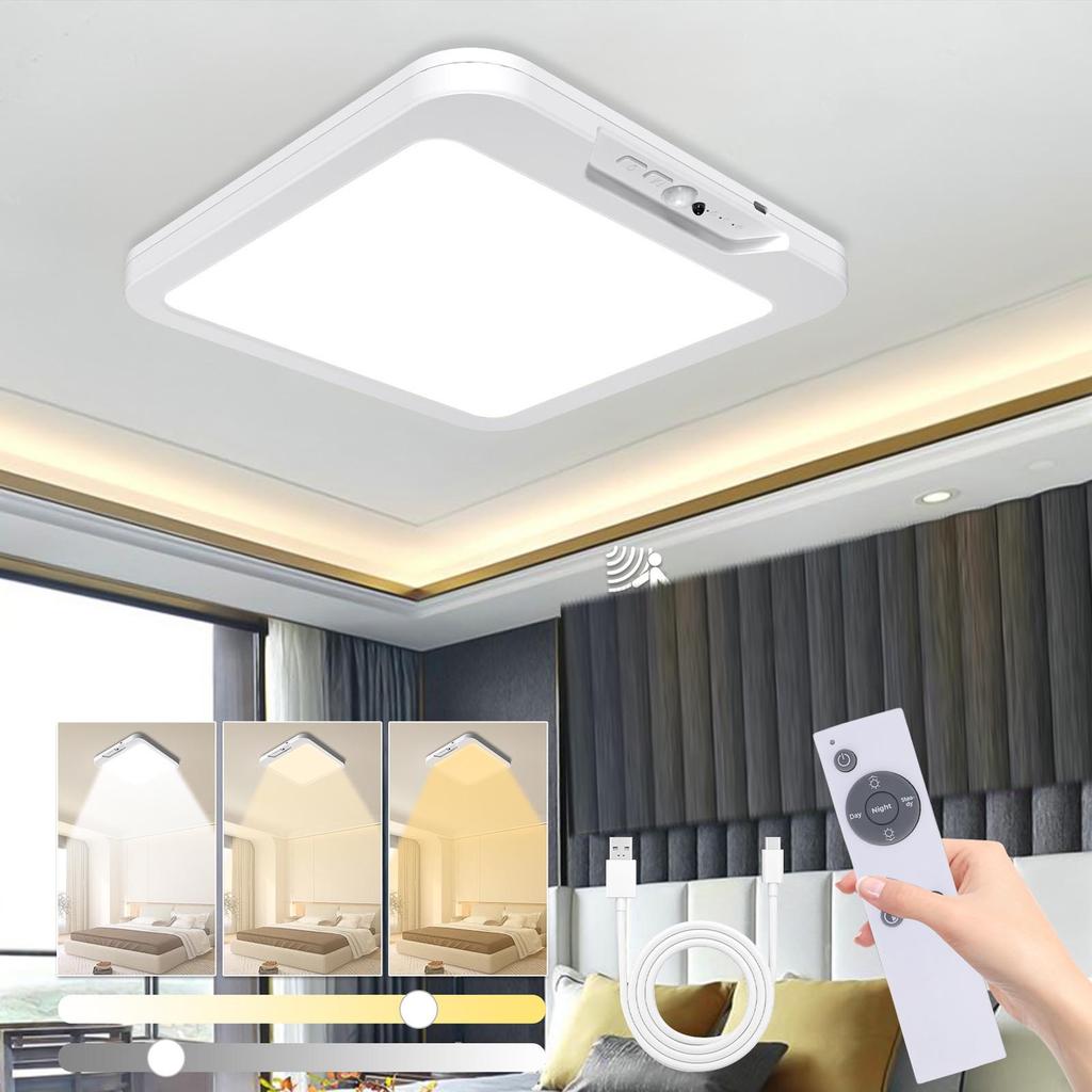 Ceiling Light with Motion Detector, 3 Color Temperatures Battery-operated Cabinet Lighting with Remote Control and Timer Magnetic Holder LED Shower Li