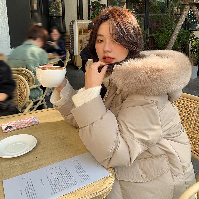 2025 Women's Korean Style Winter Down Jacket: Mid-Length, Hooded, with Large Fur Collar, Loose Fit, Thick and Warm.