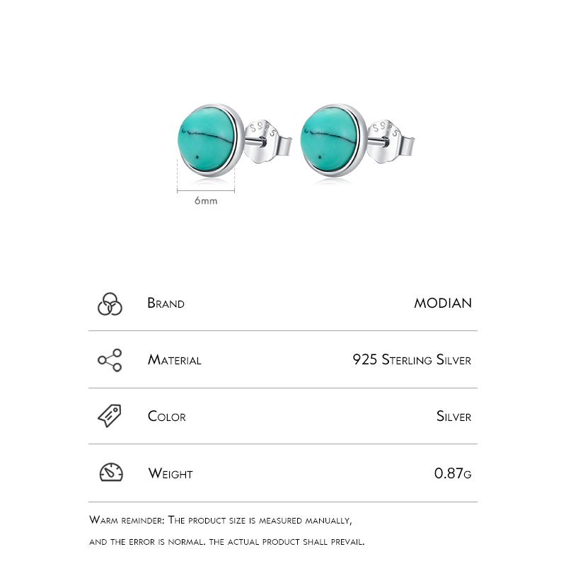 Real 925 Sterling Silver Green Round Turquoise 4MM 5MM 6MM Stud Earrings Vintage Elegant Female Jewelry For Women Gifts