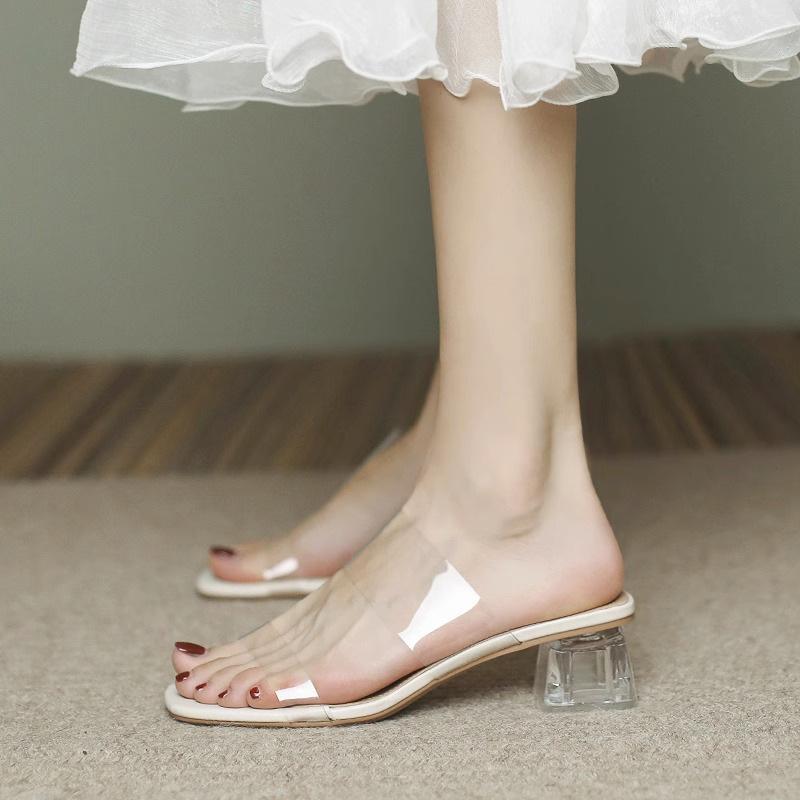 Sandals Women's Summer Flat 2025 New Soft Leather Fashion Crystal Transparent High Heels Women's Cool Slippers Outer Wear