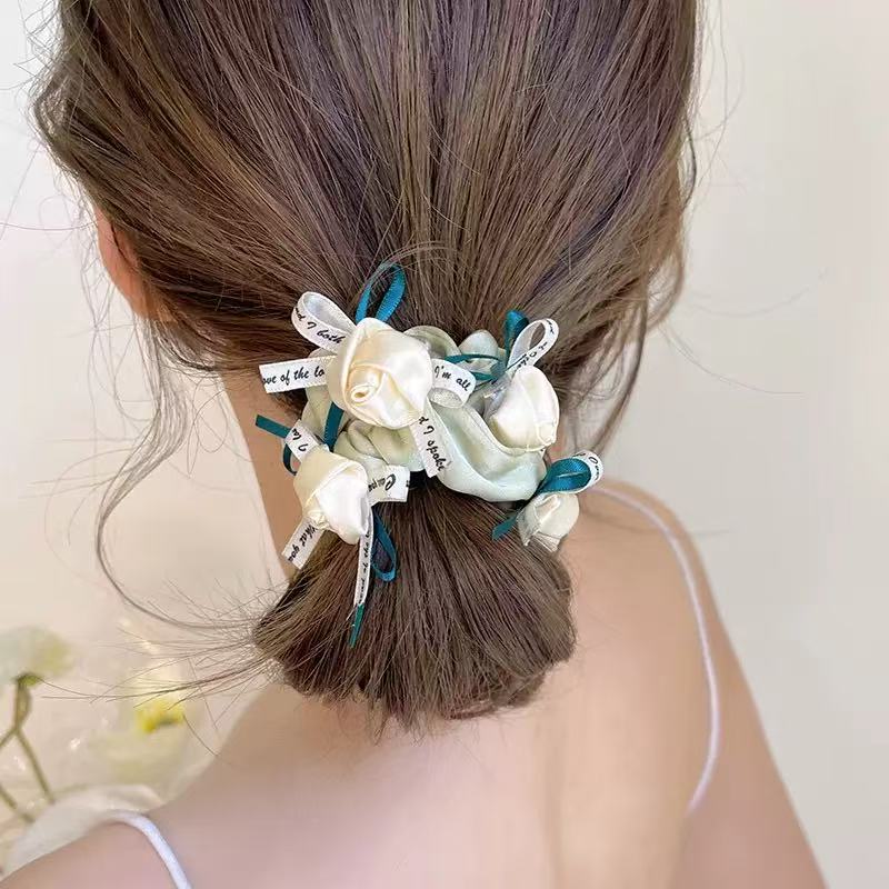 

Handmade Fabric Rose Headband Rubber Band Bow Large Intestine Headband Accessory New Fresh and Sweet Women s Meatball Headband