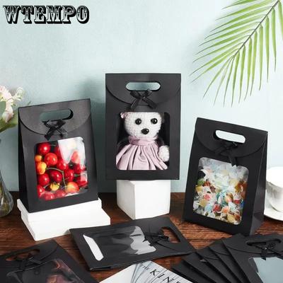 12pcs Black Paper Gift Bags with Transparent Window and Cute Bowknot Rectangle Party Favor Bags for Festival & Wedding Gift Supplies Gift Wrapping