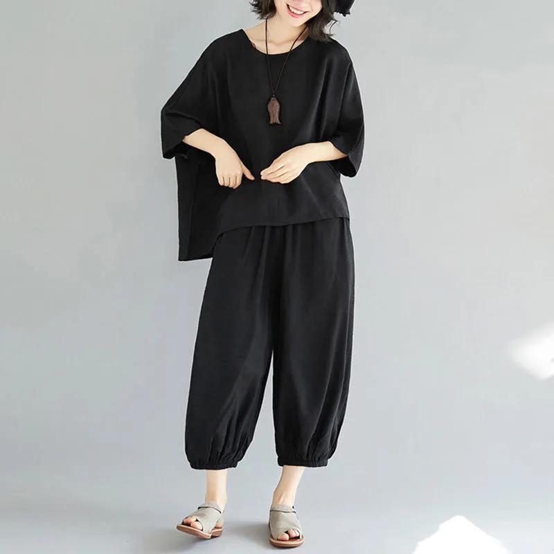 Women's Summer Casual Suit Short-sleeved Round Neck T-shirt + Loose Pants Solid Color Two-piece Set