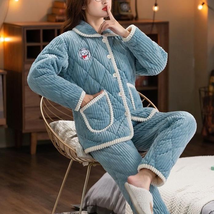 Süße warme wattierte Baumwolle kann draußen getragen werden dreilagiger Pyjama Damen Winter Loungewear verdickt saisonal große Größe
