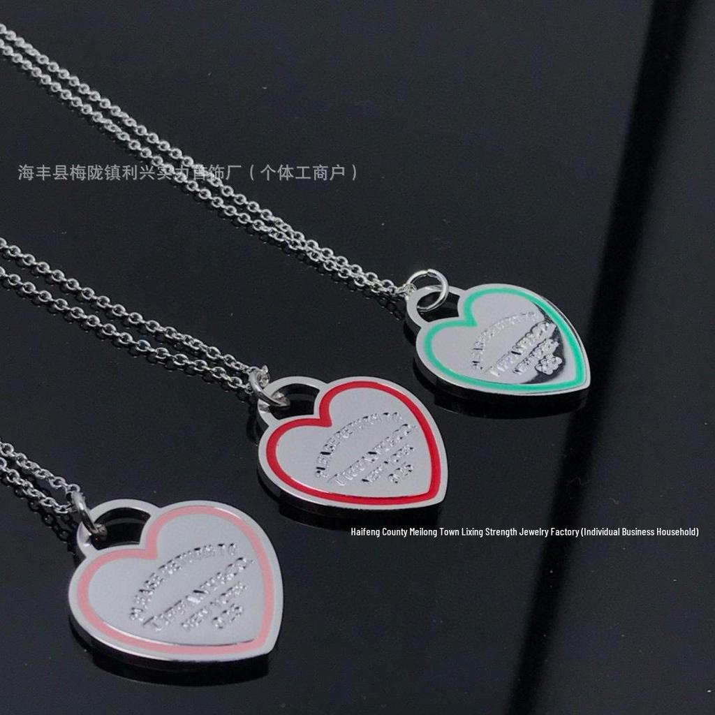 High-End T Tiga Double Heart Necklace with Blue and Pink Enamel Pendant
