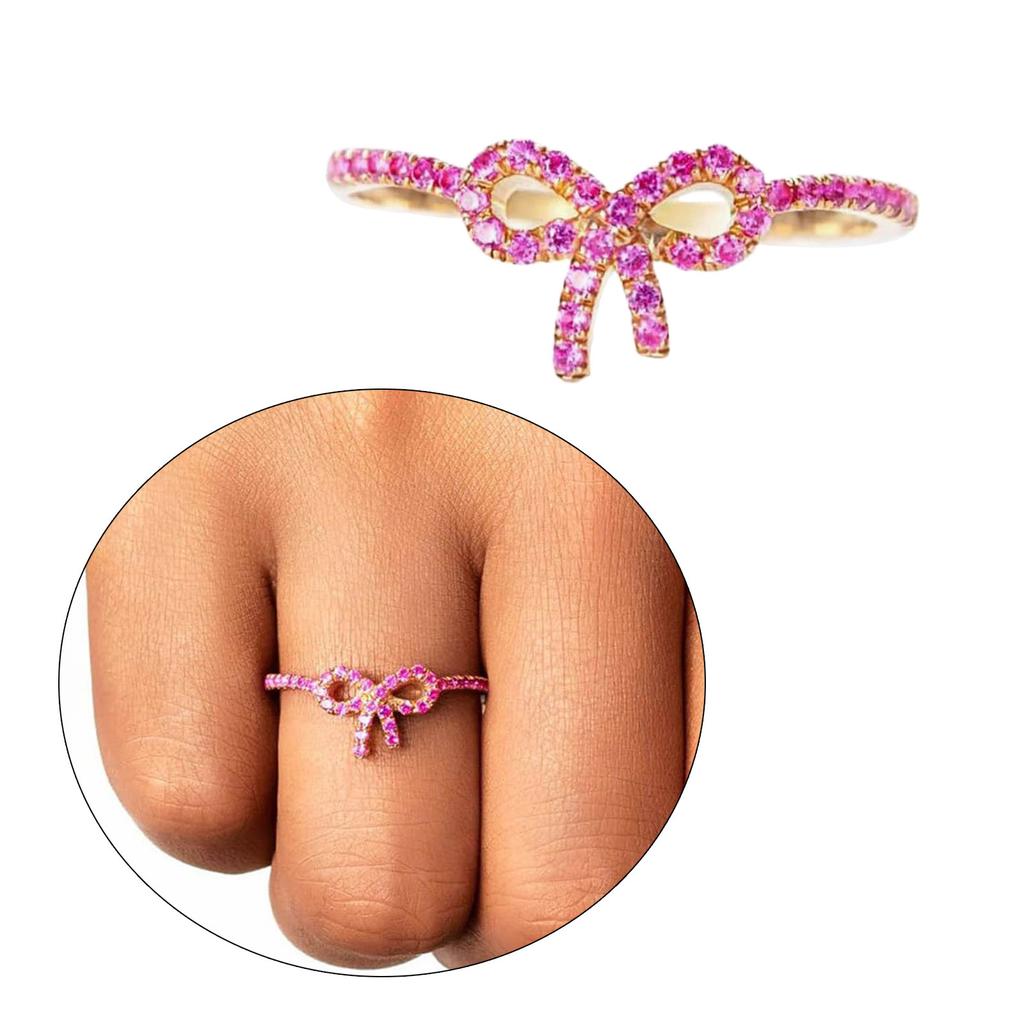 Pink Crystal Bowknot Rings for Women Girls Sweet Cool Butterfly Knot Finger Rings Party Fashion Jewelry Gift Accessories
