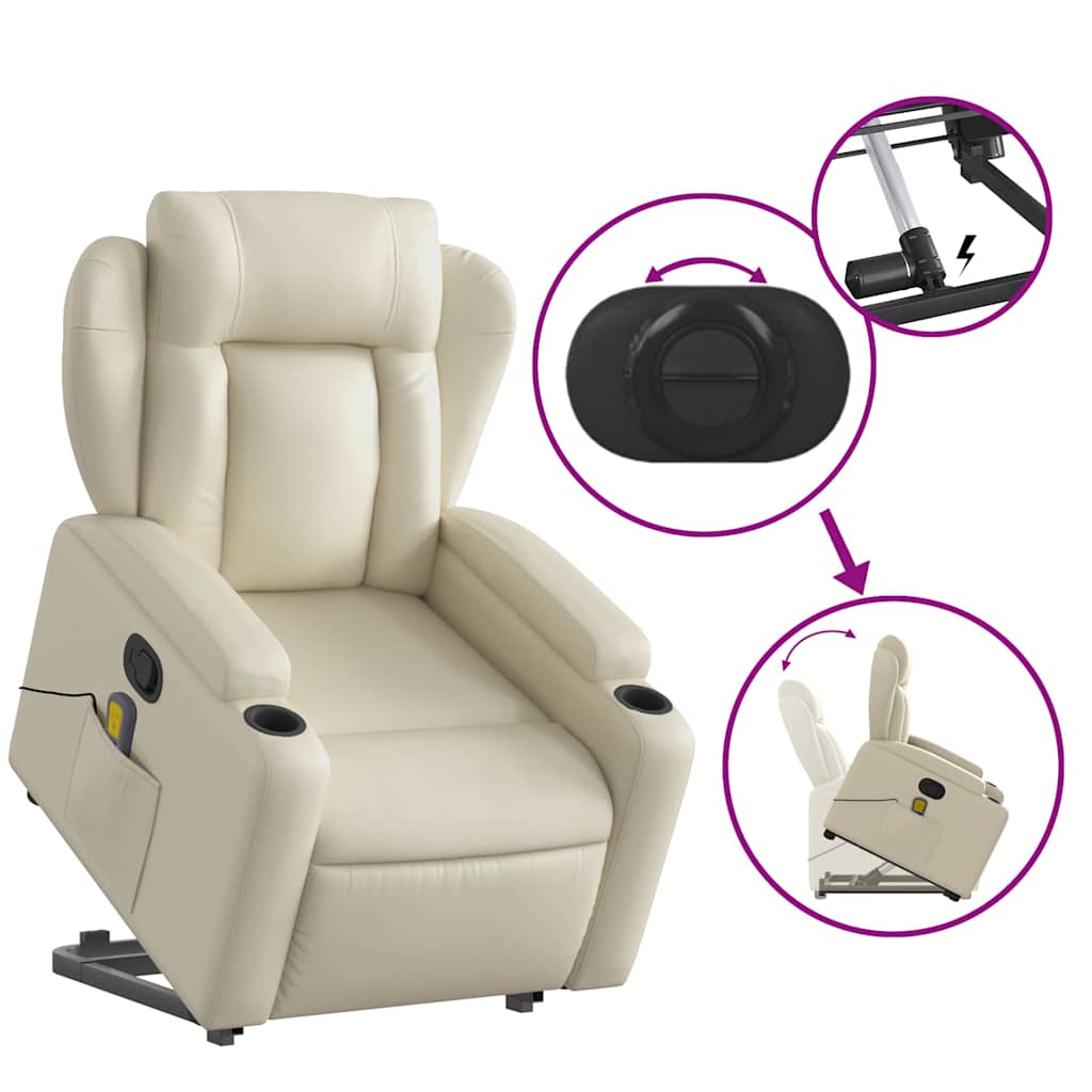 Massage Recliner with Rising Assistance Cream Artificial Leather