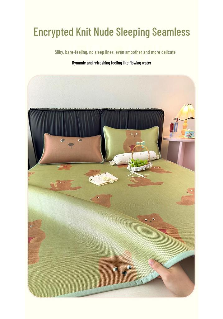 Green Little Bear Ice Silk Cooling Mat Set: Washable, Foldable, Soft - Free Shipping