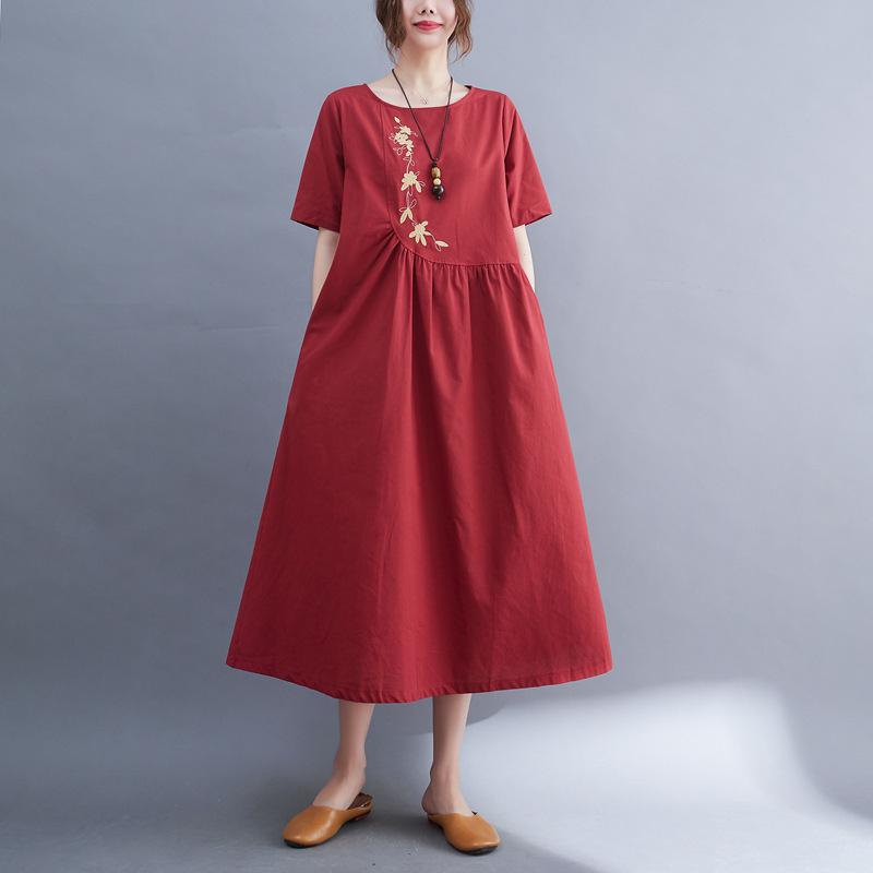 Summer Cotton and Linen Solid Color Pullover Dress for Women