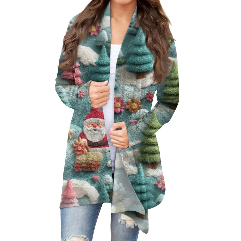 Women's Fashion Christmas Print Jacket Long Sleeve Casual Cardigan Coat