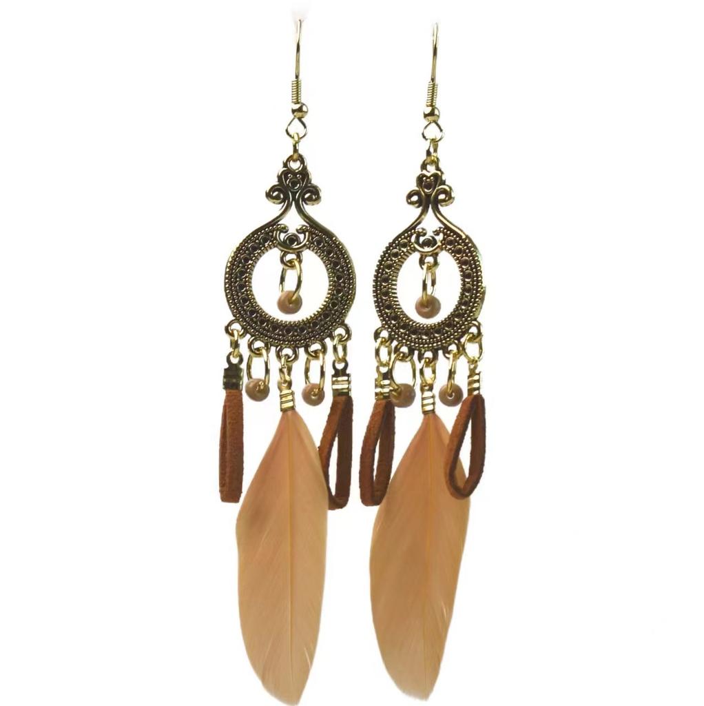 Hot selling ethnic style retro feather earrings, long multi colored vacation feather earrings, bead string design, circular earrings