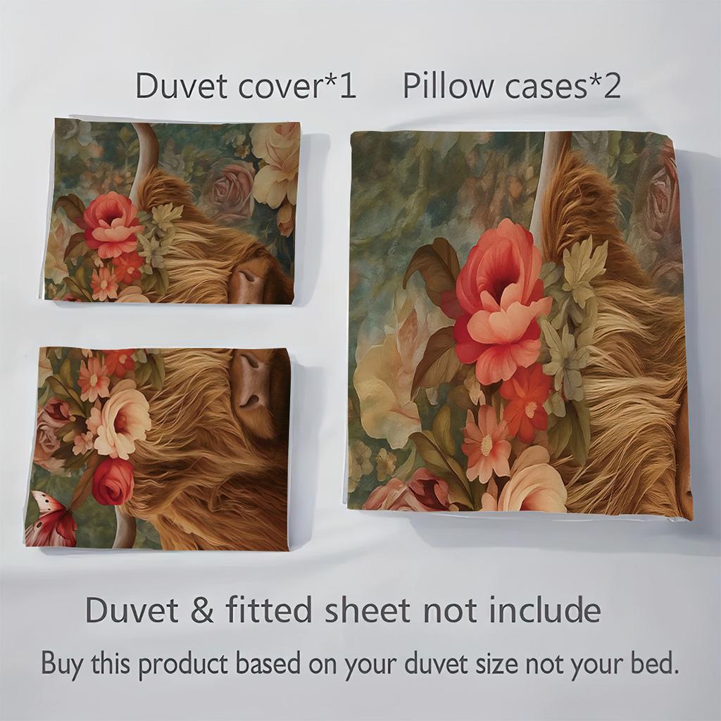 3pcs Highland Cow Printed Coreless Bedding Set Soft and Comfortable Dormitory Bedroom Decoration Multiple Sizes Machine Washable