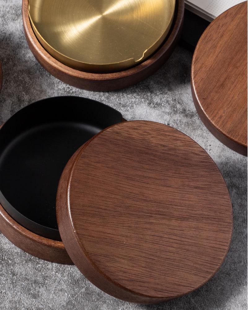 Gold-Stainless Steel Ashtray with Lid, Solid Wood Base – Anti-Ash Design for Home and Office, Ideal Gift.