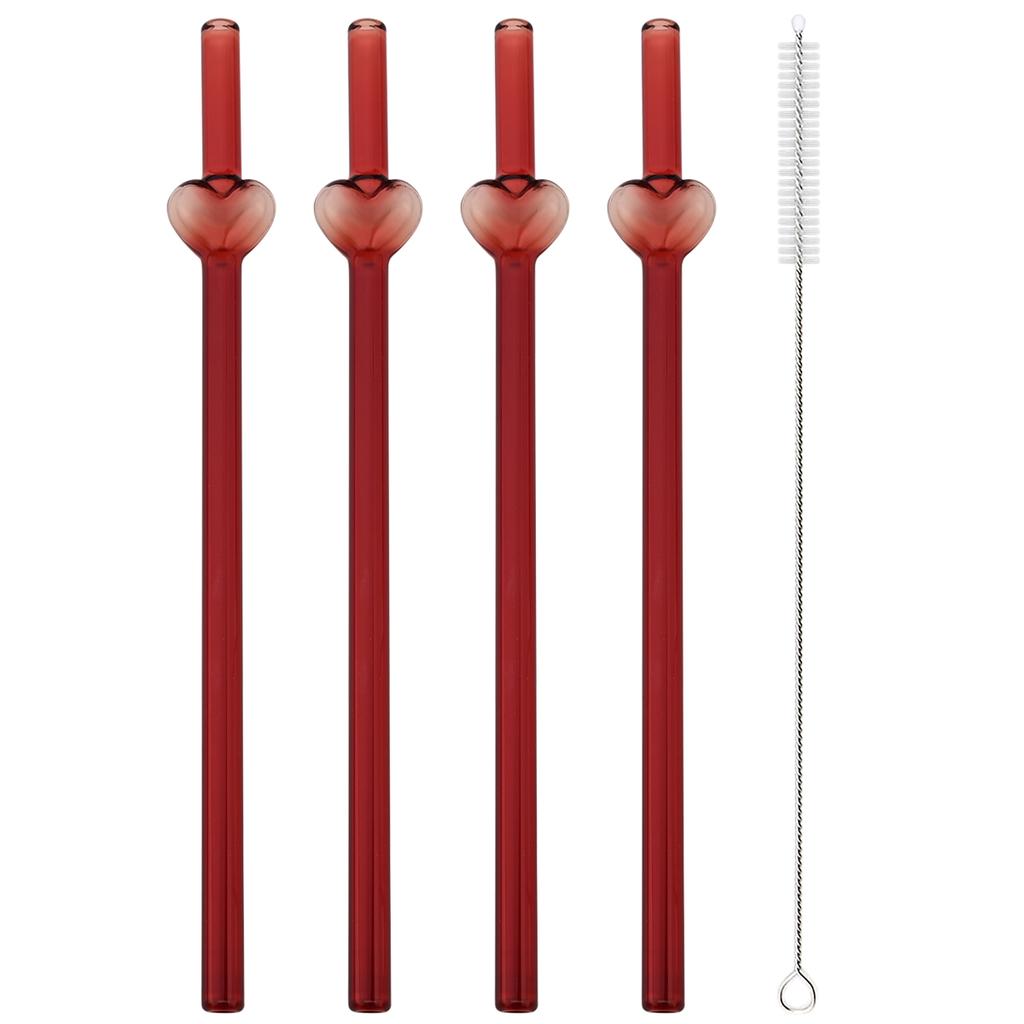 4pcs Red Creative Gldss Straw Milk Tea Juice Cocktail Straw with Brush High Borosilicate Glass Straw Set Kitchen Bar Accessories