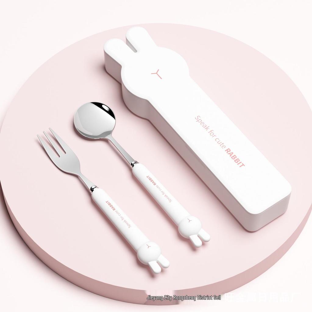 304 Stainless Steel Rabbit Portable Tableware Set: Cute Cartoon Fork and Spoon for Kids, Students, and Office Workers.