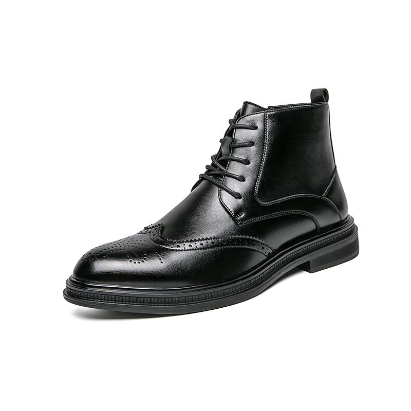 

Модные мужские ботинки челси в британском стиле, деловые короткие ботинки с заостренным носком на толстой подошве, высококачественные мужские свадебные туфли на шнуровке с высоким верхом 45 чёрный