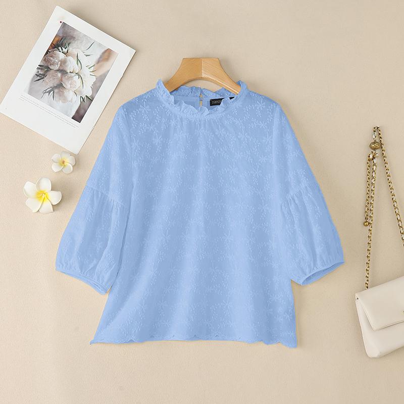 ZANZEA Women Casual Round Neck 3/4 Sleeve Loose Patchwork Cover Up Blouse
