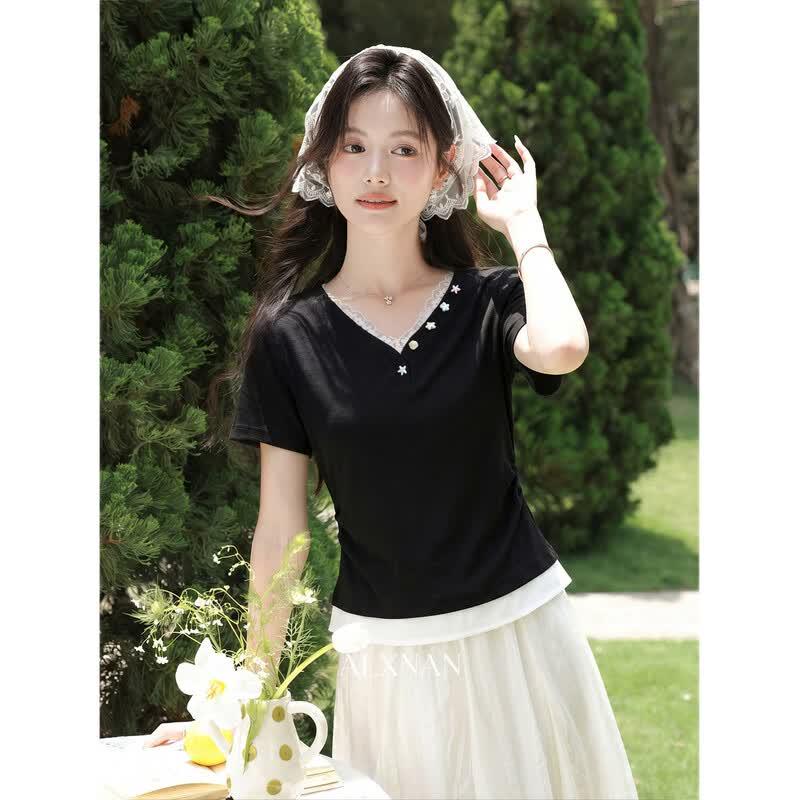 Women s V-Neck Faux Two-Piece Slim Fit Short Sleeve T-Shirt S