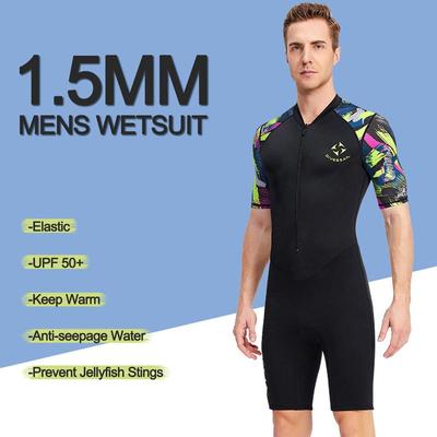 Muta da uomo in neoprene Shorty da 1,5 mm con cerniera frontale resistente ai raggi UV in Lycra a maniche corte per lo snorkeling subacqueo, il nuoto, il surf