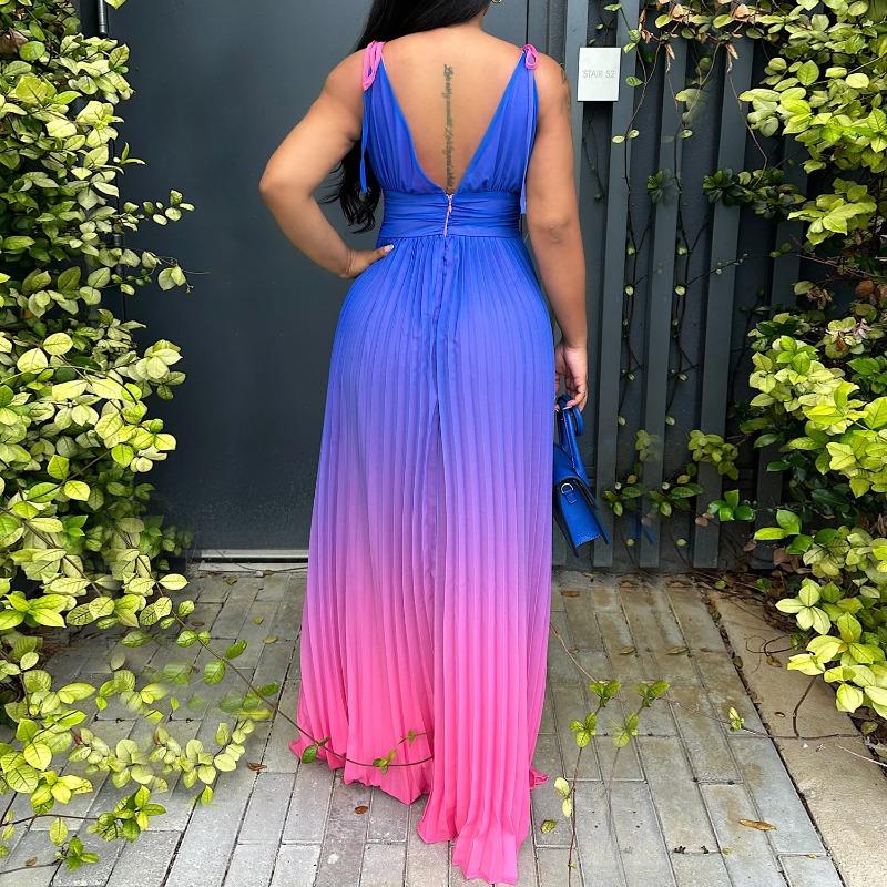 Suer Beach V-neck Halter Suspender Sexy Straps Gradual Change Color Long Dress Dress Dress