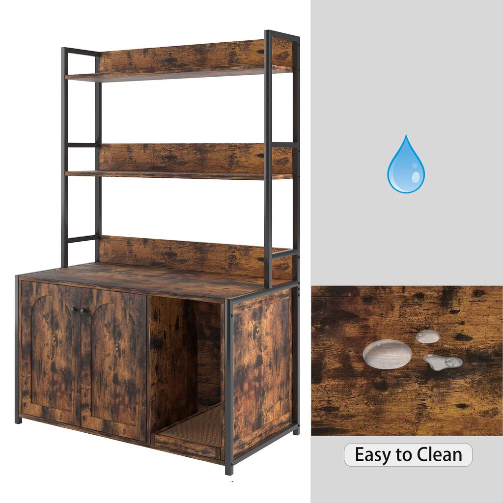 Large Cat Litter Box Enclosure with Storage Shelf, Wooden Cat House with Scratch Pad, Sturdy Indoor Pet Cabinet with 2 Doors for Odor Control, Brown