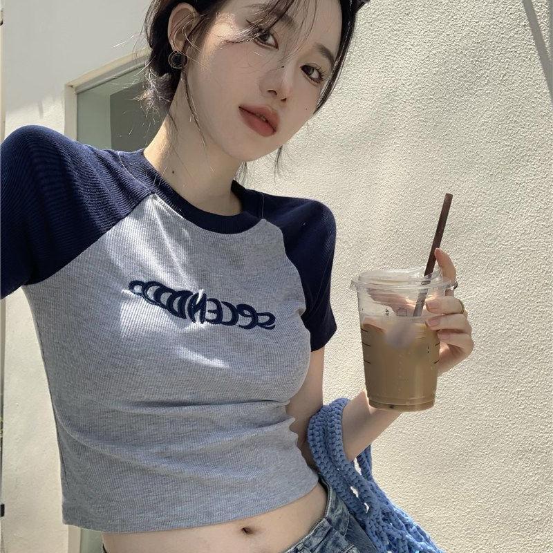 Women Spring Summer Splicing Color Short Sleeved T-shirt O-Neck Tight Blouses Pullover Slim Short Top S-XXL