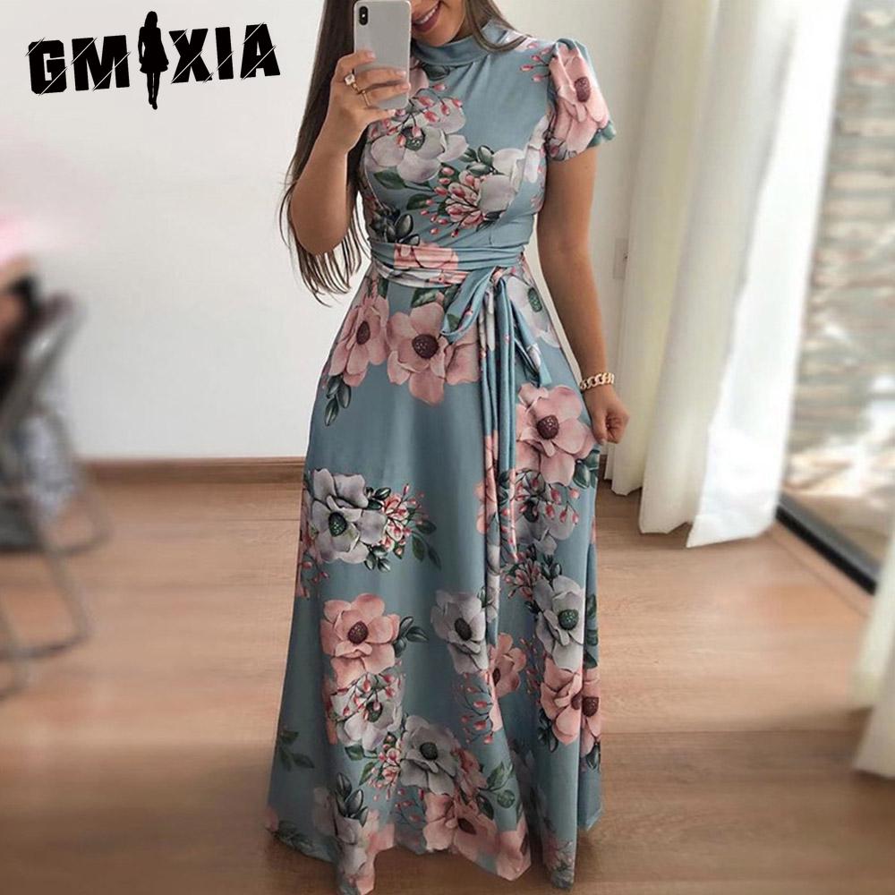 

Женское летнее платье GMXIA в пол с цветочным принтом, с короткими рукавами, круглым вырезом, повседневное S синий