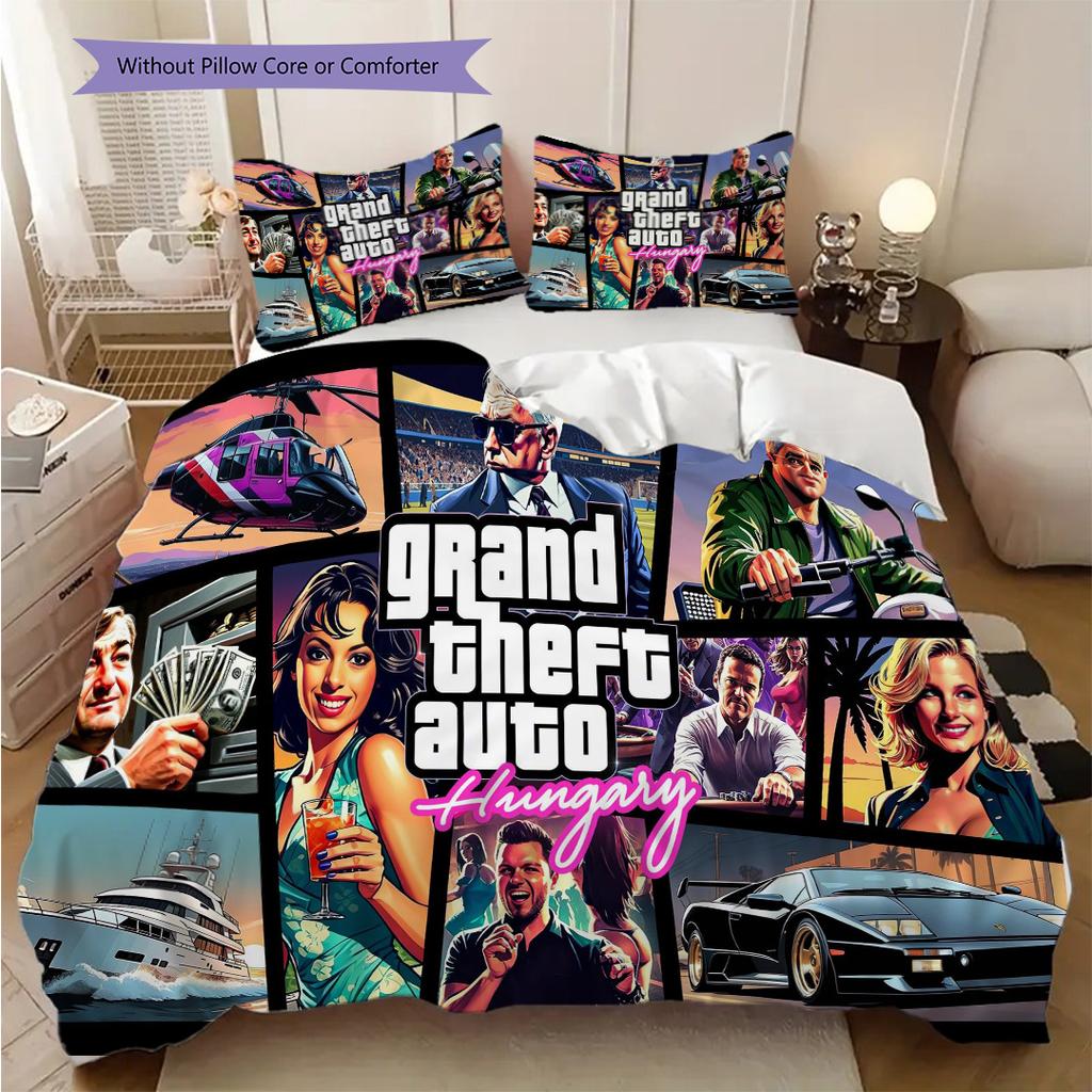 Ropa de cama con personajes vibrantes de Grand Theft Auto V (1 * funda nórdica + 2 * fundas de almohada, sin núcleo) Juego de ropa de cama de regalo de cumpleaños de Navidad plano 2D