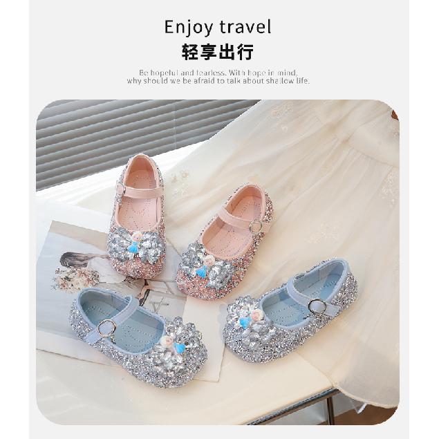 Girls' Elsa Crystal Princess Shoes Spring New Bowknot Children's Baby Leather Shoes Soft Sole Rhinestone Single Shoes