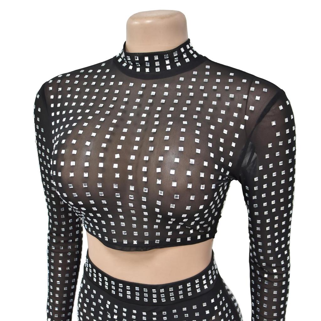 Women's European and American Fashion Solid Color Mesh Two-Piece Skirt Set with Hot Drilling