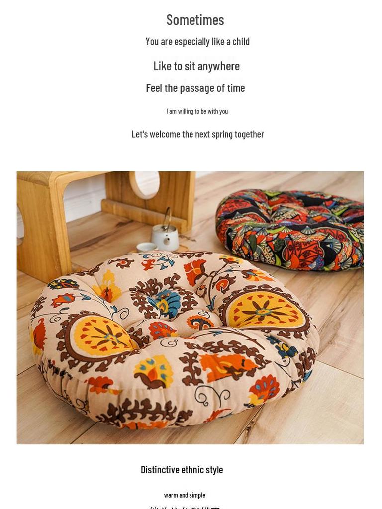 Ethnic Fabric Thickened Round Cotton Linen Cushion for Bay Window, Tatami, Prayer, Teahouse, or Yoga.