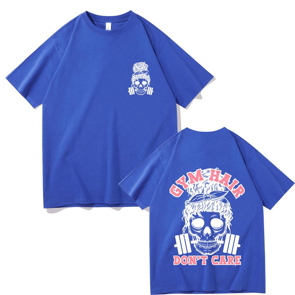 Gym Hair Dont Care Double Sided Graphic T Shirts Men Women Funny Skeleton Print Tshirt Men Women Fashion Oversized Streetwear