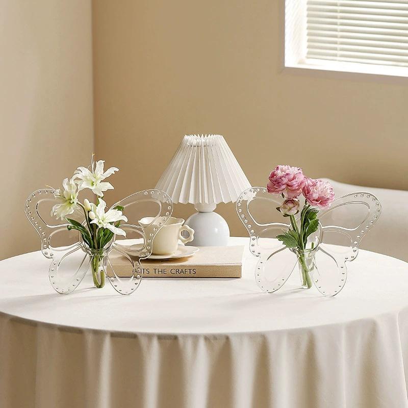 Ins Style Butterfly Shaped Clear Vase Plastic Frame Vase Water Plant Flower Vase Decoration Home Living Room Desktop Ornament