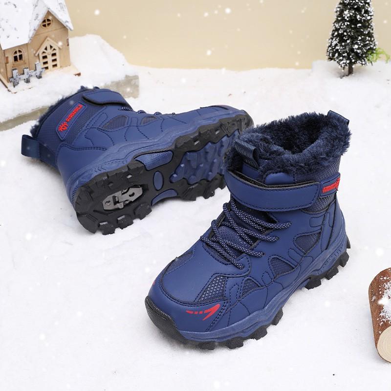 Kids Winter Snow Boots Boys Thick Insulated Warm Mid-Calf Anti-Slip TPR Sole Synthetic Leather Outdoor Footwear
