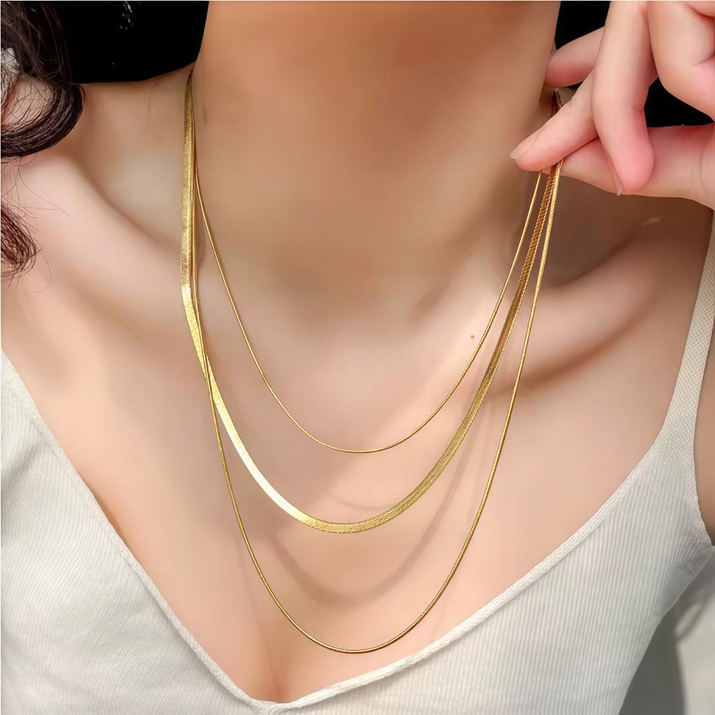 18K Gold Plated Stainless Steel Flat Snake Herringbone Layering Necklaces For Women Girl Waterproof Layered Chains Jewelry