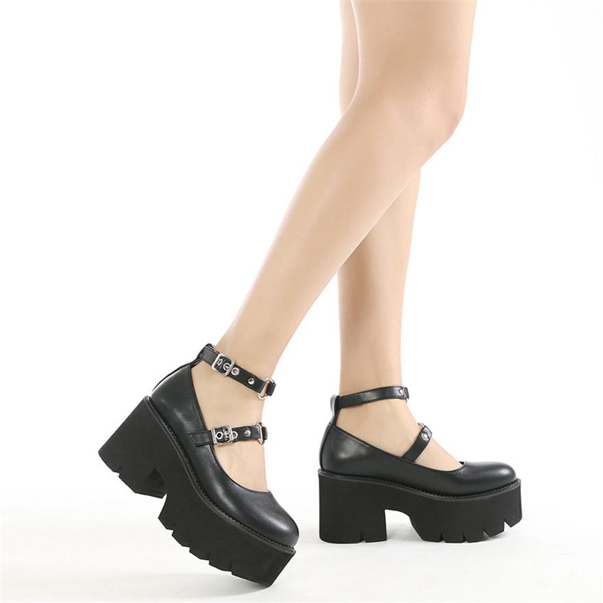 Classic Female Loafers Shoes New Autumn Thick Heels Patent Leather Buckle Pumps Retro Girls Platform High-Heeled Shoes for Women