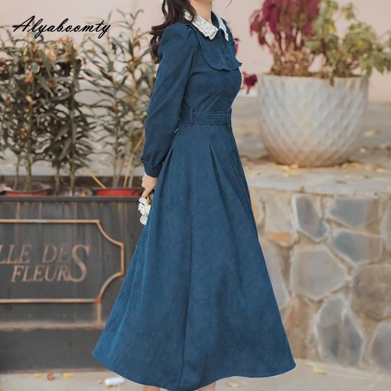 Mori Girl Autumn Winter Women Long Shirt Dress Blue Beading Vintage Buttons Dress Corduroy Elegant Feminine Dress With Belt