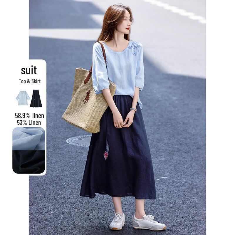 Summer Linen Embroidered Shirt and Skirt Set M
