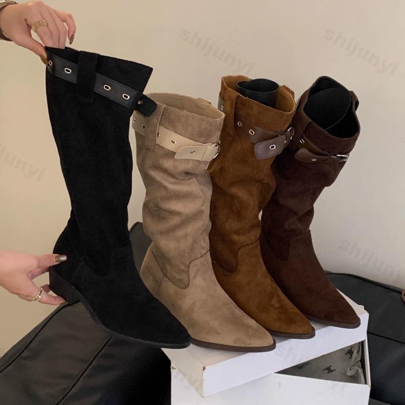 Women Fashion Boots Pointed Toe Square Heel Belt Buckle Long Boots Retro Autumn Fashion Suede Leather Botas Mujer High Quality