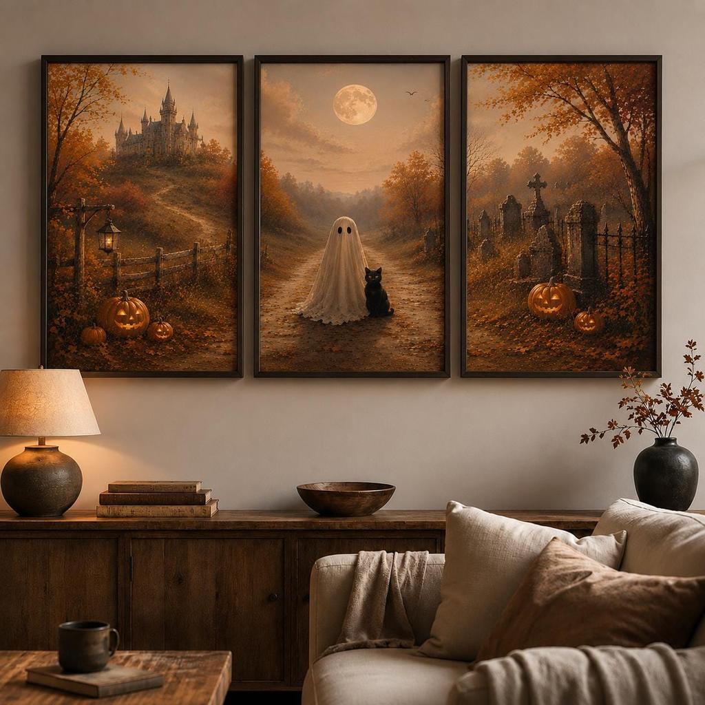 3 Stück Vintage Halloween Wandkunst Herbst Halloween Drucke Gruselige Herbstdekoration Leinwand Poster Drucke Haus Schlafzimmer Wohnzimmer Dekor