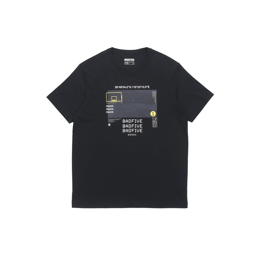 Li-Ning Badfive Basketball Series Breathable Print Short Sleeve T-Shirt Men Tops Black AHSQ217-4